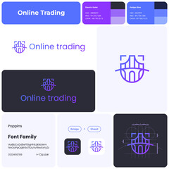 2D online trading gradient line business logo with brand name. Bridge and shield icon. Visual identity. Template with poppins font. Suitable for trading, stock market, investment, global economy.