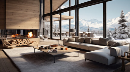 Modern Scandinavian Ski Chalet: Combining modern design with alpine accents, featuring a sleek fireplace, plush seating, and panoramic mountain views - obrazy, fototapety, plakaty