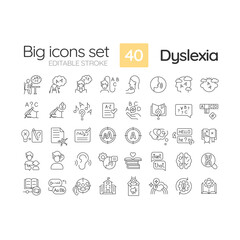 2D editable black big thin line icons set representing dyslexia, isolated vector, linear illustration. - obrazy, fototapety, plakaty