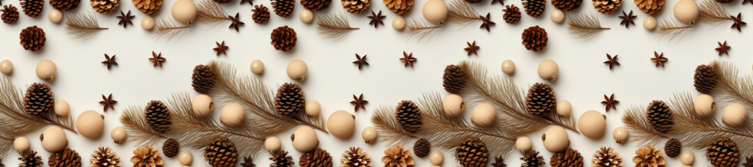 Obraz na płótnie Canvas Seamless. A Christmas-themed background image featuring pinecones and fir branches against a white background, perfect for showcasing holiday decoration. Photorealistic illustration