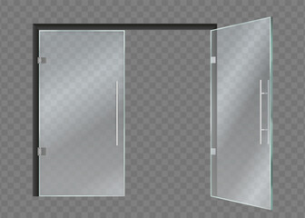 Opening glass doors. 3D office or boutique doorways. Double transparent doorway. Showcase windows. Entrance of shop or storefront in mall. Front view. Vector realistic interior object