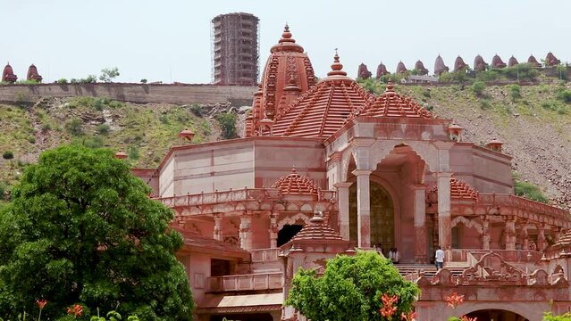 artistic red stone jain temple at morning from unique angle video is taken at Shri Digamber Jain Gyanoday Tirth Kshetra, Nareli Jain Mandir, Ajmer, Rajasthan, India an Aug 19 2023..