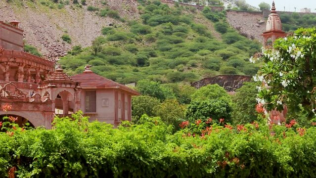 artistic red stone jain temple at morning from unique angle video is taken at Shri Digamber Jain Gyanoday Tirth Kshetra, Nareli Jain Mandir, Ajmer, Rajasthan, India an Aug 19 2023..