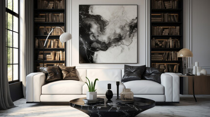  Monochrome Elegance: Black and white dominate this space with a white leather sofa, a black marble coffee table, and high-gloss black shelves displaying art and decor