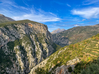 Fototapeta na wymiar Natural scenery from the famous Ridomo gorge in Taygetus Mountain. located near Kentro Avia and Pigadia Villages in Mani area, Messenia, Greece