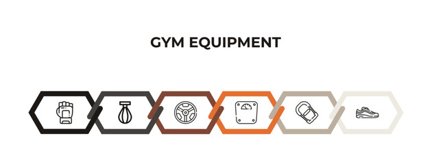 gym gloves, punching ball, weight plates, weight scale, hand grip, sneakers outline icons. editable vector from gym equipment concept. infographic template.