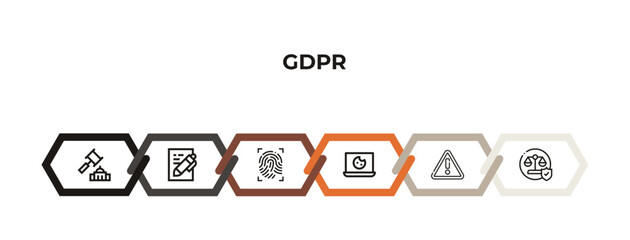 auction, consent, fingerprint, cookie, attention, rights outline icons. editable vector from gdpr concept. infographic template.