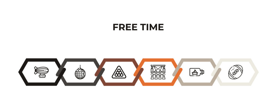 airship, disco ball, billiard, concert, ship in a bottle, rugby ball outline icons. editable vector from free time concept. infographic template.