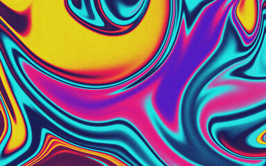 Colorful liquid marble with grainy texture background. Fluid ink swirl backdrop design. Contemporary color gradient. Suitable for poster, banner, presentation, or magazine.