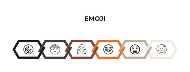 quiet emoji, injured emoji, pouting emoji, sad nerd sweating outline icons. editable vector from concept. infographic template.