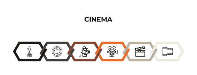 award, camera lens, cameraman, movie billboard, cinema clapperboard, big film roll outline icons. editable vector from cinema concept. infographic template.