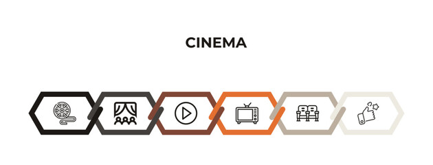 film negatives, cinema curtain, big play button, take away drink, cinema chair, theatre seats outline icons. editable vector from cinema concept. infographic template.