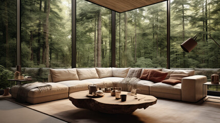 Nature-Inspired Retreat: This room has large windows overlooking a forest A tan leather sectional sofa with plush cushions and a wooden coffee table are placed to take in the view