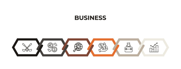 golf sticks, currency exchange, tax calculate, purpose of saving money, briefcase, bars chart outline icons. editable vector from business concept. infographic template.
