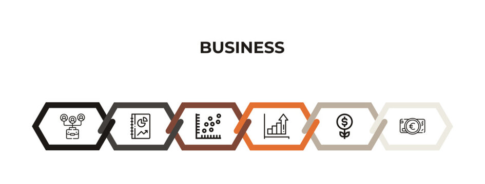 item connections, profit report, scatter chart, bars graphic, return of investment, euro bills outline icons. editable vector from business concept. infographic template.
