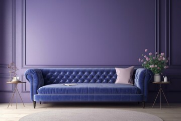 Trendy interior with lavender wall and blue violet sofa. Generative AI