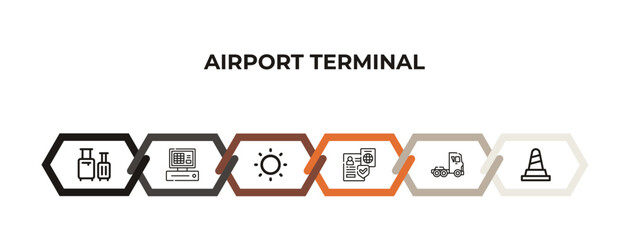 trolley with luggage, terminal watch, sunny day, two passports, gangway truck, road cone outline icons. editable vector from airport terminal concept. infographic template.