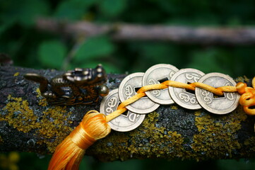 A metal dragon figurine and Chinese coins. Amulets and talismans.
