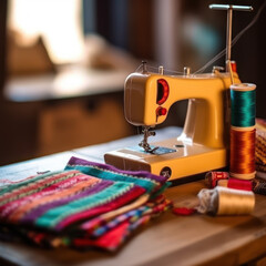 A close-up shot of a sewing machine with colorful
