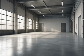 Industrial building with roller doors, concrete floor, steel wall, and spacious modern interior design. Generative AI