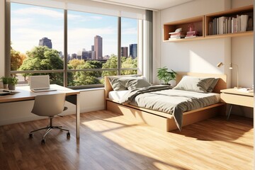 Contemporary dorm with urban view, bright sunlight, and wooden floors. Generative AI