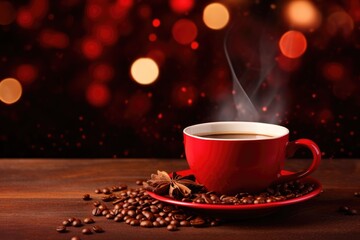 Obraz premium A cup of coffee on the table, Christmas lights