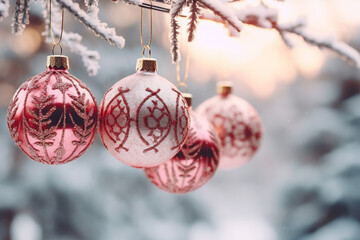 Beautiful pink Christmas tree baubles hanging from snow covered branches.