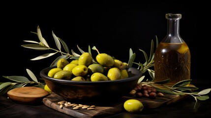 olives in a bowl and olive oil