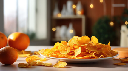 Obraz na płótnie Canvas Orange fruit chips on a wooden table indoors.