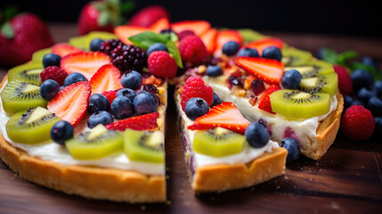 A vibrant fruit-topped pizza, a sweet delight featuring kiwi, strawberries, and blueberries