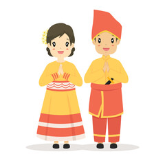 Obraz premium Happy couple wearing Central Sulawesi traditional dress with greeting, welcome hand gesture. Central Sulawesi, Indonesia traditional dress cartoon vector.