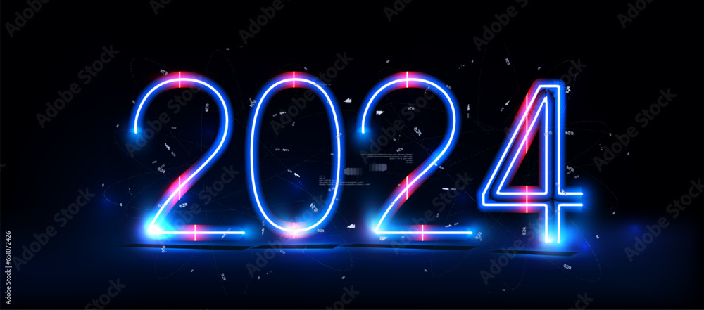 Aufkleber Happy New Year vector holiday in technology sci fi circuit design innovation concept. 3D 2024 date number holiday greeting card. Futuristic web banner template.