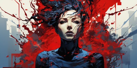 A woman with blood splattered on her face, AI