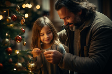 Happy dad helping his daughter decorate the christmas tree, smiling young girl, festive 