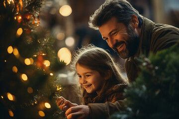 Happy dad helping his daughter decorate the christmas tree, smiling young girl, festive 