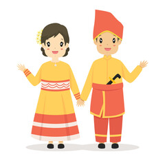 Happy couple wearing Central Sulawesi traditional dress waving hands, greeting hand gesture. Central Sulawesi, Indonesia traditional dress cartoon vector.