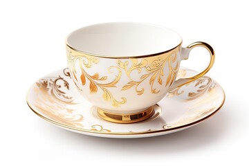 Porcelain Tea Cup and Plate in White Background with Gold Rim. Isolated Tea Set on China Dish: