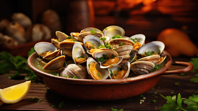 Steamed clams in a savory broth, a seafood delicacy that's mouthwatering and aromatic.