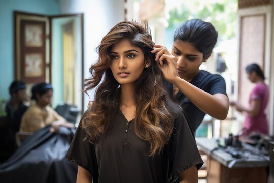 Young woman hair dressing from hairstylist at parlor.