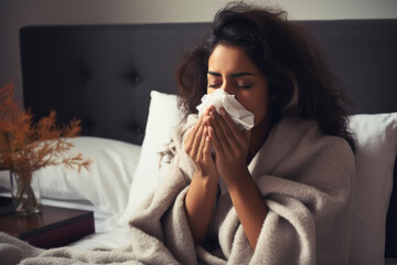 Indian woman is suffering from cold and sickness - obrazy, fototapety, plakaty