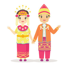 Happy couple wearing South Kalimantan traditional dress waving hands, greeting hand gesture. South Kalimantan, Indonesia traditional dress cartoon vector.