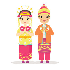Happy couple wearing South Kalimantan traditional dress with greeting, welcome hand gesture. South Kalimantan, Indonesia traditional dress cartoon vector.
