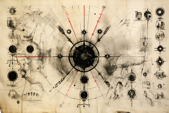 Strange, cryptic symbols are marked on an old, tattered map, suggesting hidden treasures or dangers