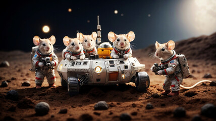 Anthropomorphic Series - A group of moustronauts exploring the moon for cheese