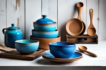 Simple rustic handmade blue crockery against white wooden wall: dish, stack of bowls. mugs and wooden cooking utensils set 