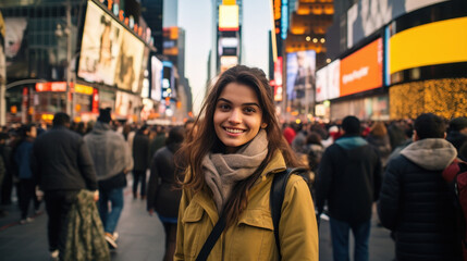 Obraz premium Young woman tourist standing on city street and giving happy expression