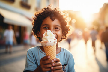Cute indian little boy smiling while holding ice cream cone