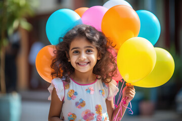 Cute little girl child smiling and holding colorful balloons