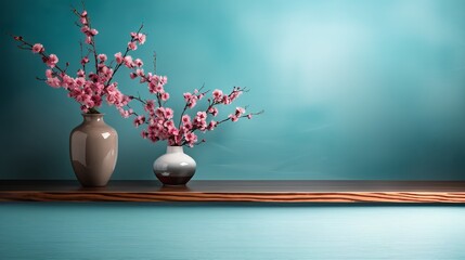 Vibrant pink flower blooms in studio vase with colored background.