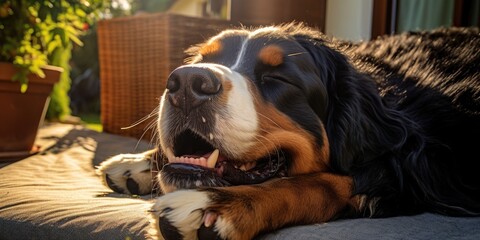 Obraz premium bernese mountain dog sleeping on a cozy sofa in a living room, natural sunlight